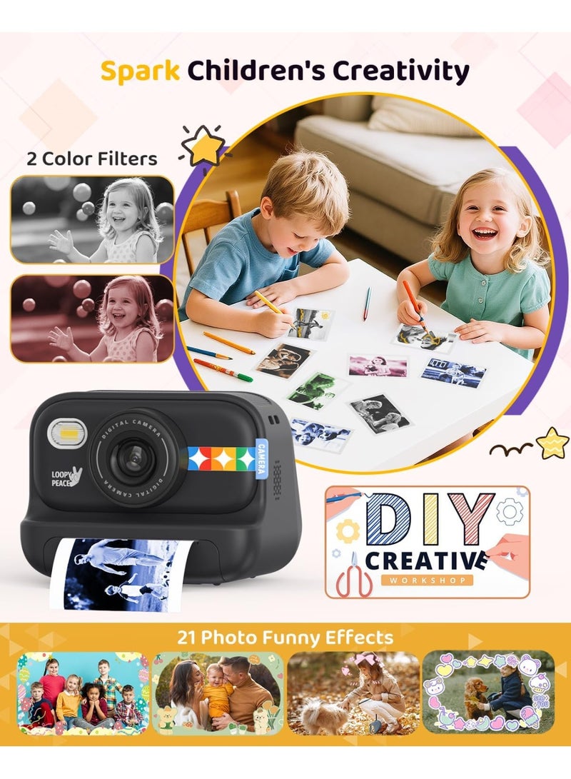 LOOPY PEACE Kids Instant Print Digital Camera with 32GB Card, Thermal Paper Rolls, HD Screen, Flash & USB Rechargeable – Black - Image 3